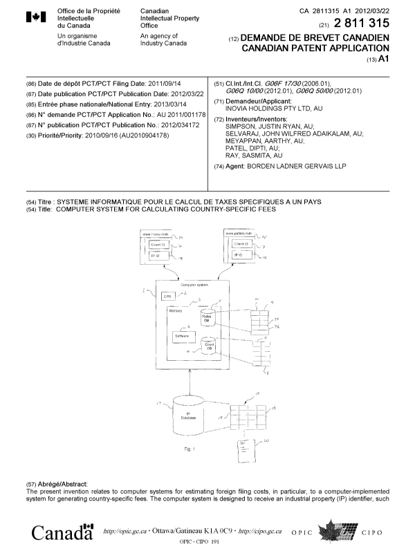 Document de brevet canadien 2811315. Page couverture 20121229. Image 1 de 2