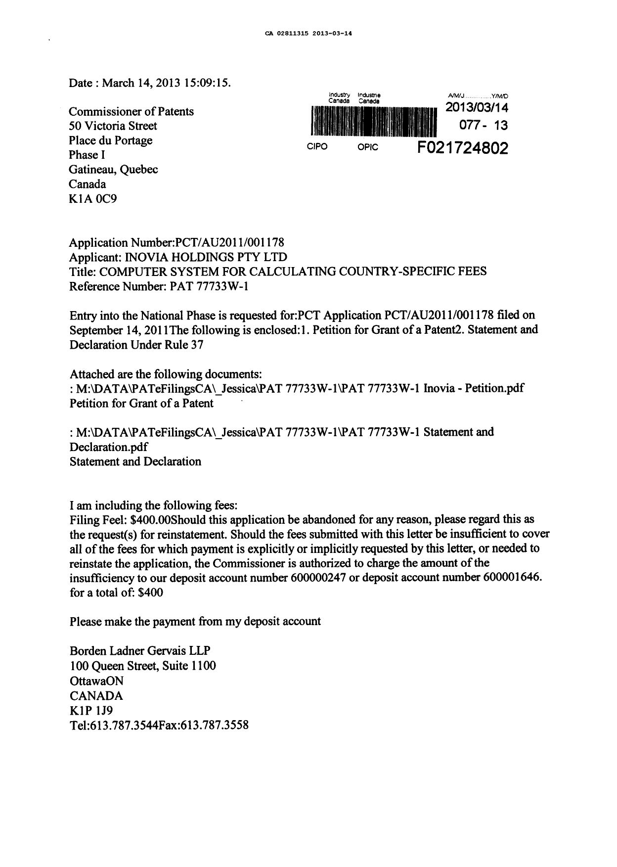 Document de brevet canadien 2811315. Cession 20130314. Image 1 de 8