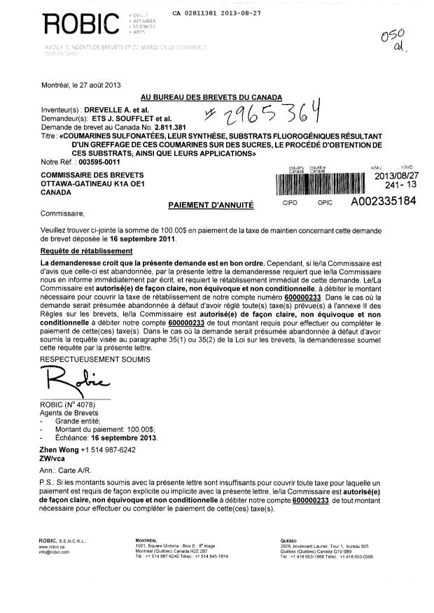 Document de brevet canadien 2811381. Taxes 20121227. Image 1 de 1