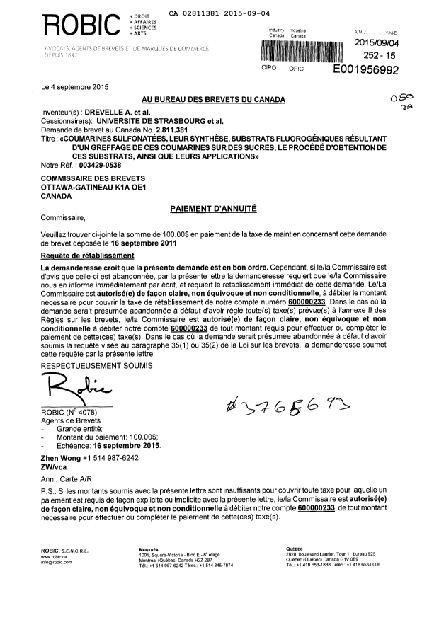 Document de brevet canadien 2811381. Taxes 20141204. Image 1 de 1