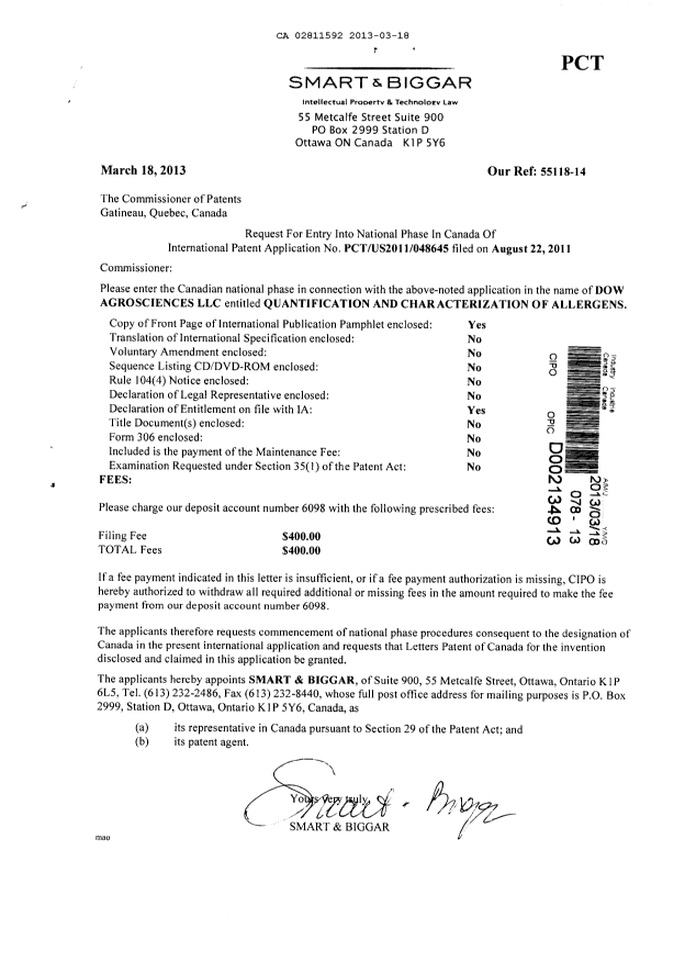 Canadian Patent Document 2811592. Assignment 20130318. Image 1 of 2