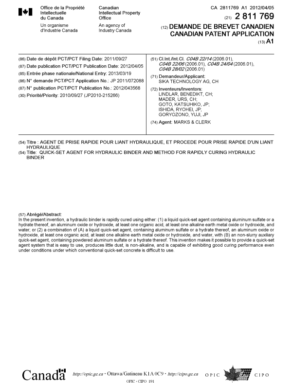 Document de brevet canadien 2811769. Page couverture 20121211. Image 1 de 1