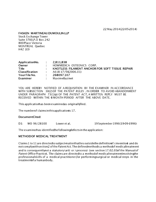 Document de brevet canadien 2811838. Demande d'examen 20140522. Image 1 de 3
