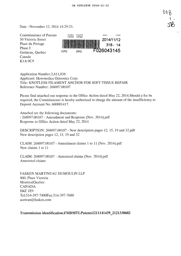 Document de brevet canadien 2811838. Poursuite-Amendment 20141112. Image 1 de 15