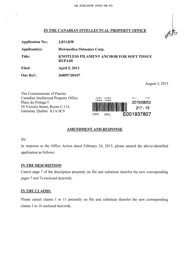 Document de brevet canadien 2811838. Modification 20150803. Image 1 de 9
