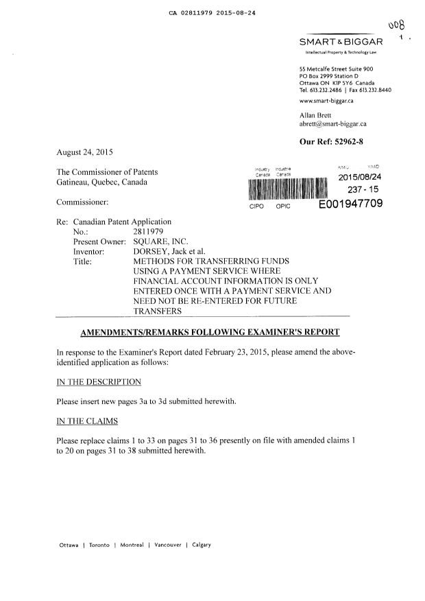 Document de brevet canadien 2811979. Poursuite-Amendment 20141224. Image 1 de 16