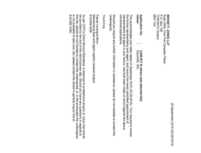 Document de brevet canadien 2811979. Lettre du bureau 20150930. Image 1 de 2