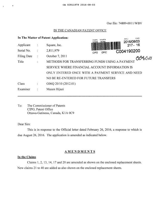 Document de brevet canadien 2811979. Poursuite-Amendment 20151203. Image 1 de 21