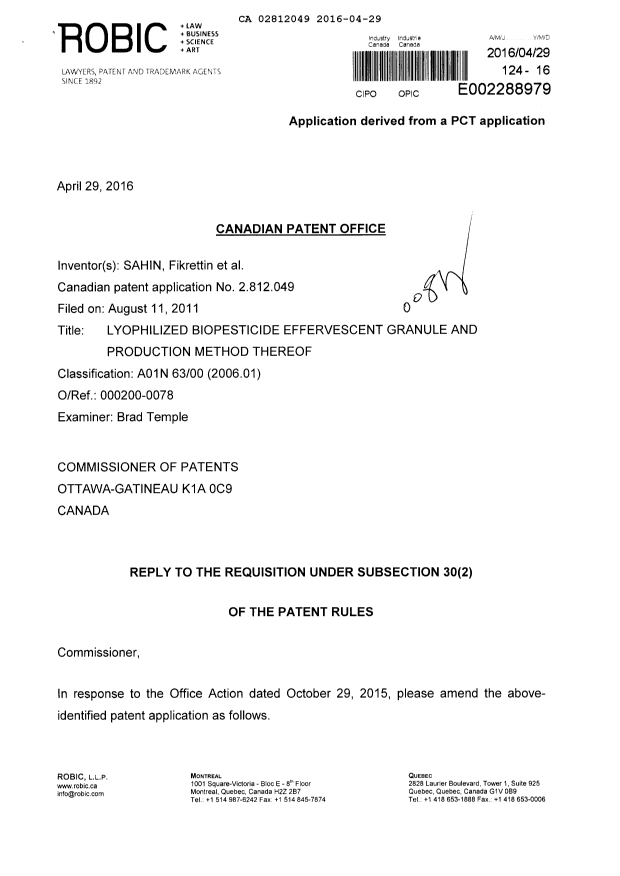 Canadian Patent Document 2812049. Prosecution-Amendment 20151229. Image 1 of 14
