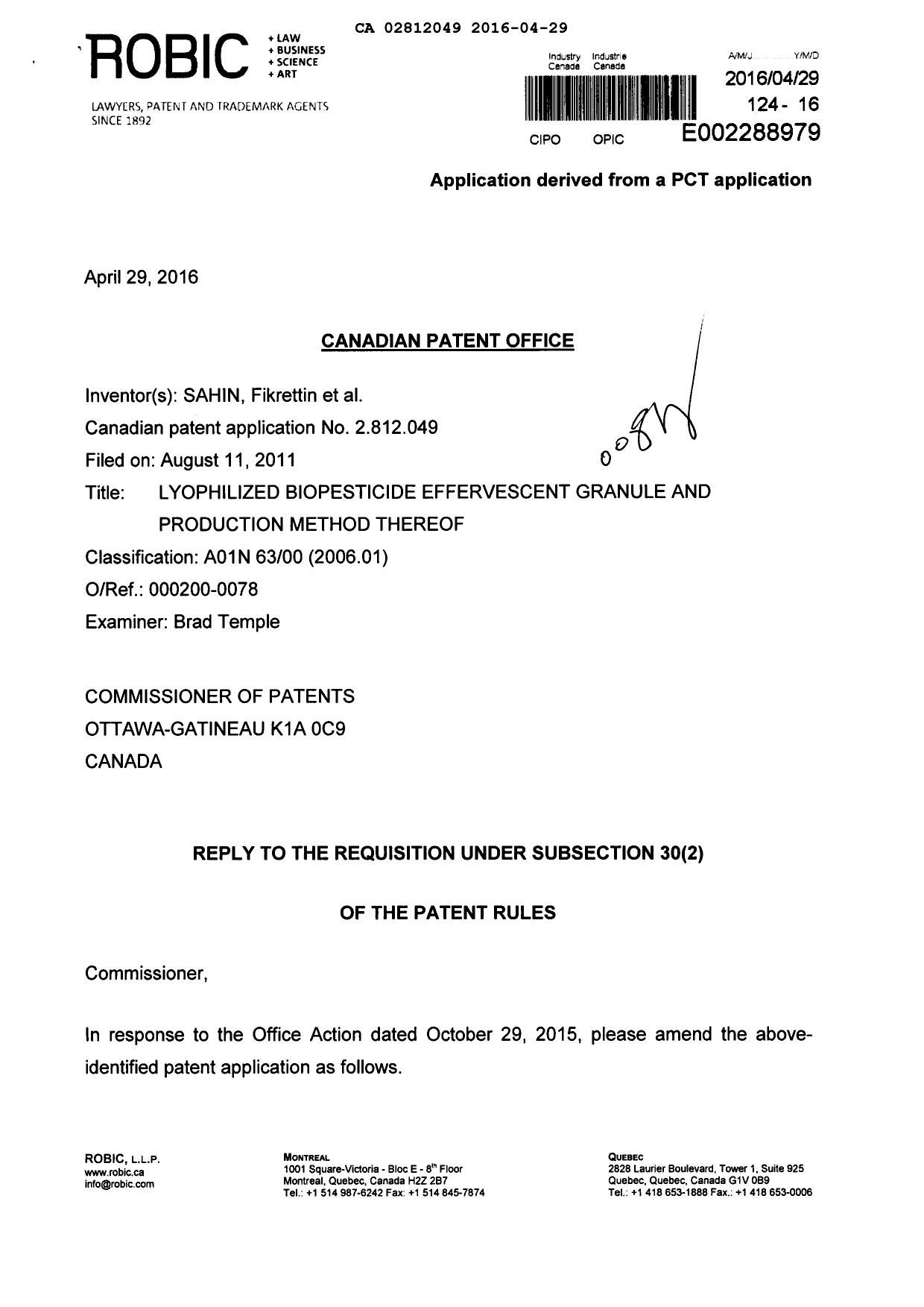 Canadian Patent Document 2812049. Prosecution-Amendment 20151229. Image 1 of 14