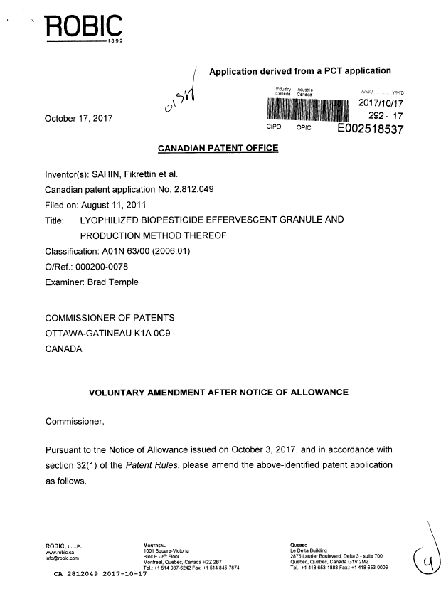 Document de brevet canadien 2812049. Poursuite-Amendment 20161217. Image 1 de 4
