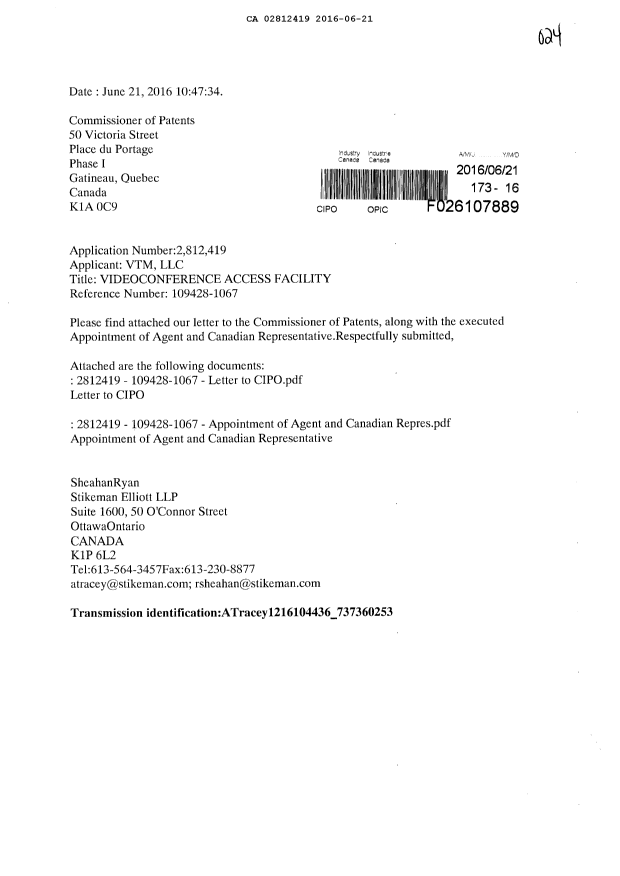 Document de brevet canadien 2812419. Correspondance 20151221. Image 1 de 4