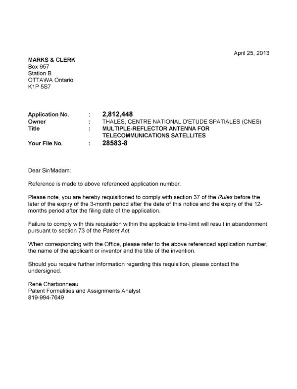 Document de brevet canadien 2812448. Correspondance 20130425. Image 1 de 1