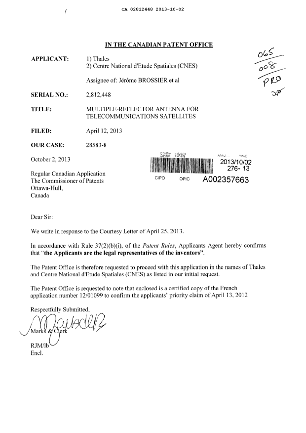 Document de brevet canadien 2812448. Correspondance 20131002. Image 1 de 1
