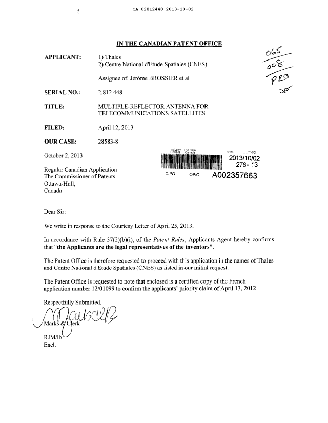 Document de brevet canadien 2812448. Correspondance de la poursuite 20131002. Image 1 de 1