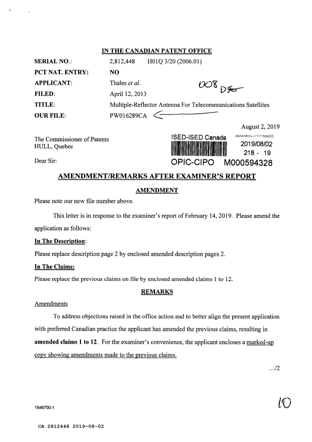 Document de brevet canadien 2812448. Modification 20190802. Image 1 de 10