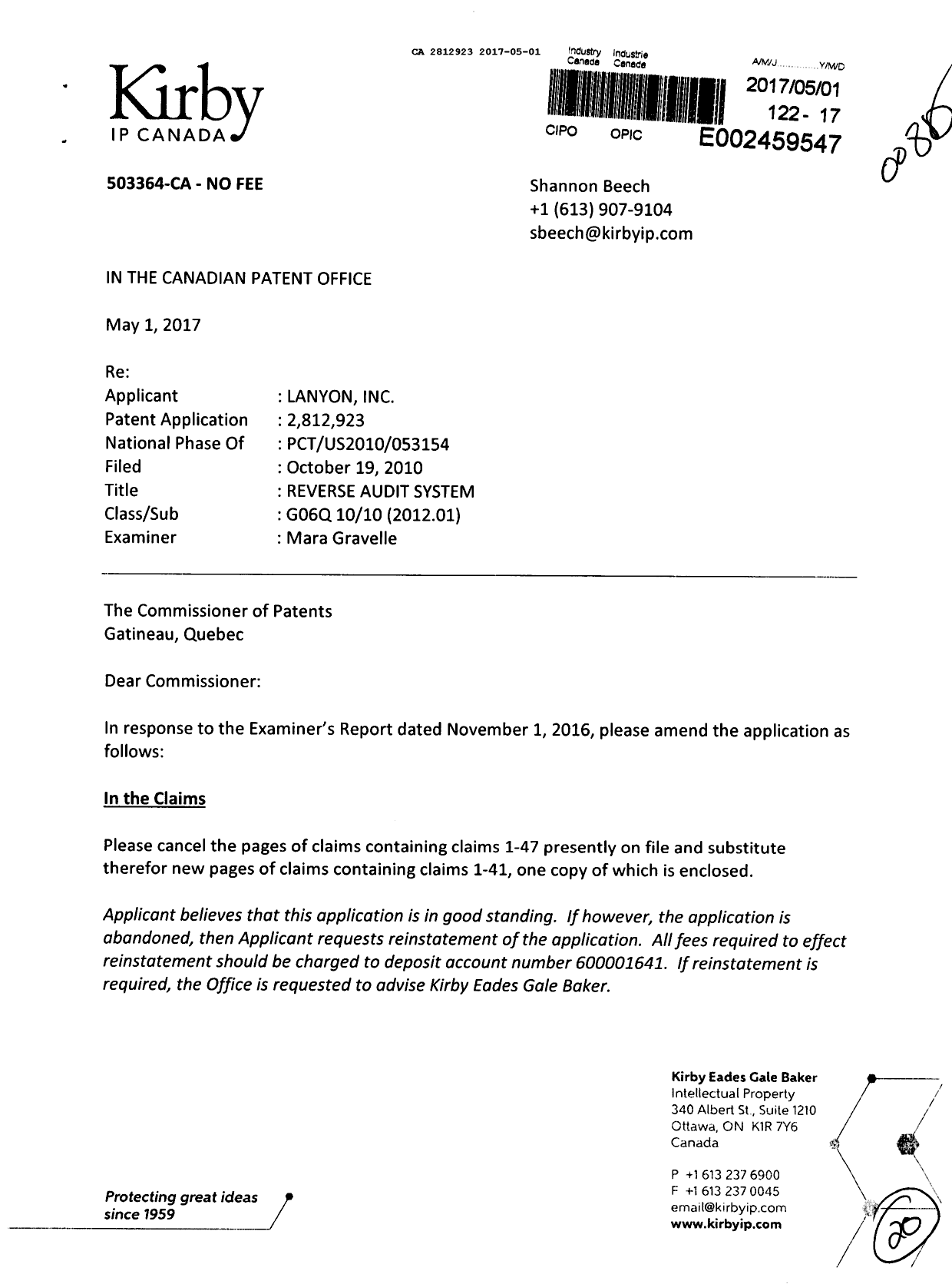 Document de brevet canadien 2812923. Modification 20170501. Image 1 de 20
