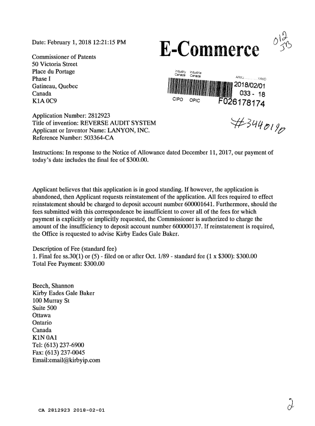 Canadian Patent Document 2812923. Final Fee 20180201. Image 1 of 2