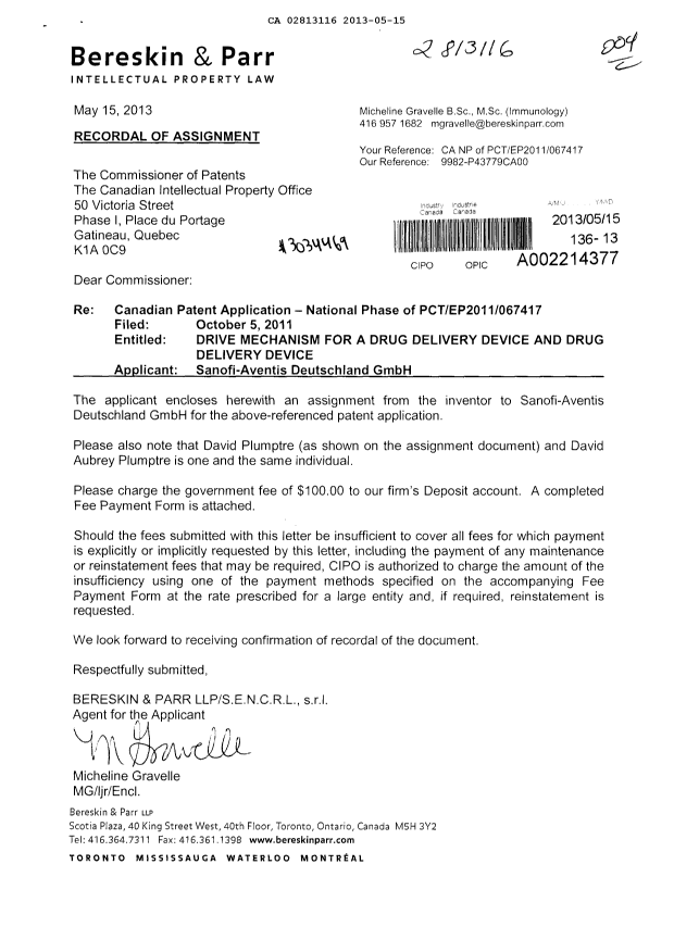 Document de brevet canadien 2813116. Cession 20130515. Image 1 de 2