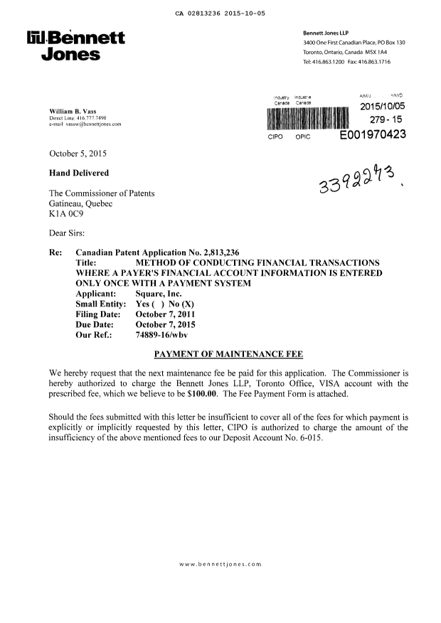 Document de brevet canadien 2813236. Taxes 20141205. Image 1 de 5