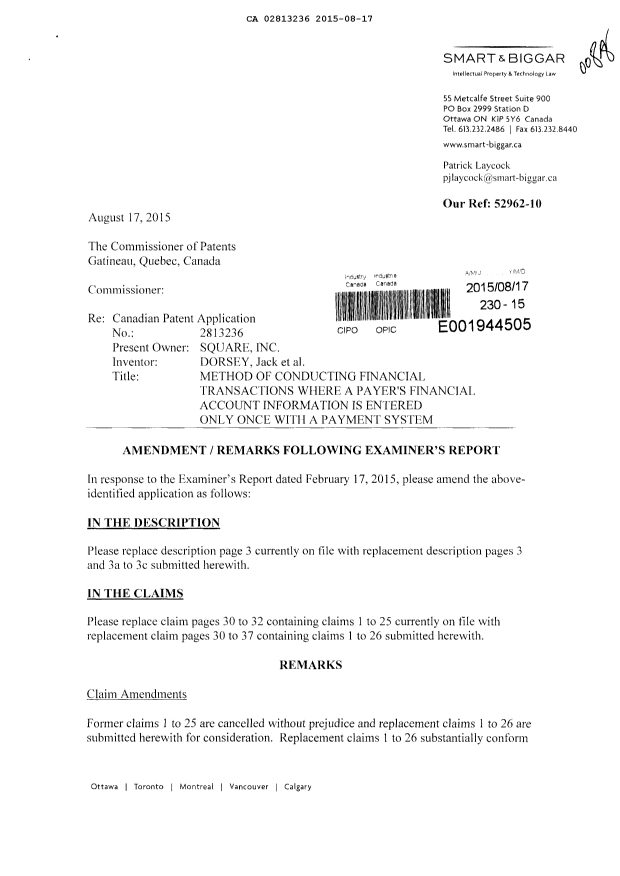 Document de brevet canadien 2813236. Poursuite-Amendment 20141217. Image 1 de 22
