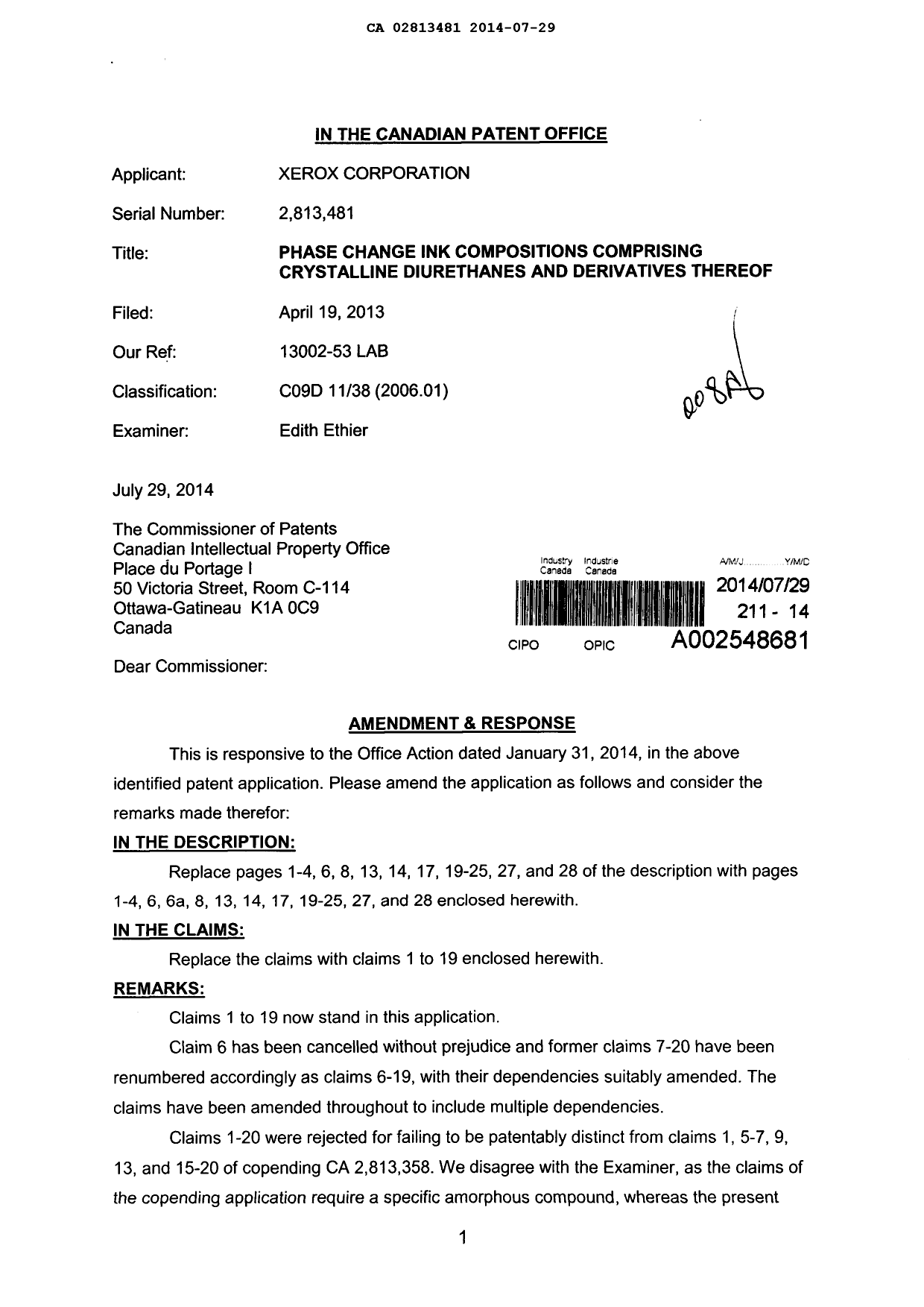 Canadian Patent Document 2813481. Prosecution-Amendment 20131229. Image 1 of 26