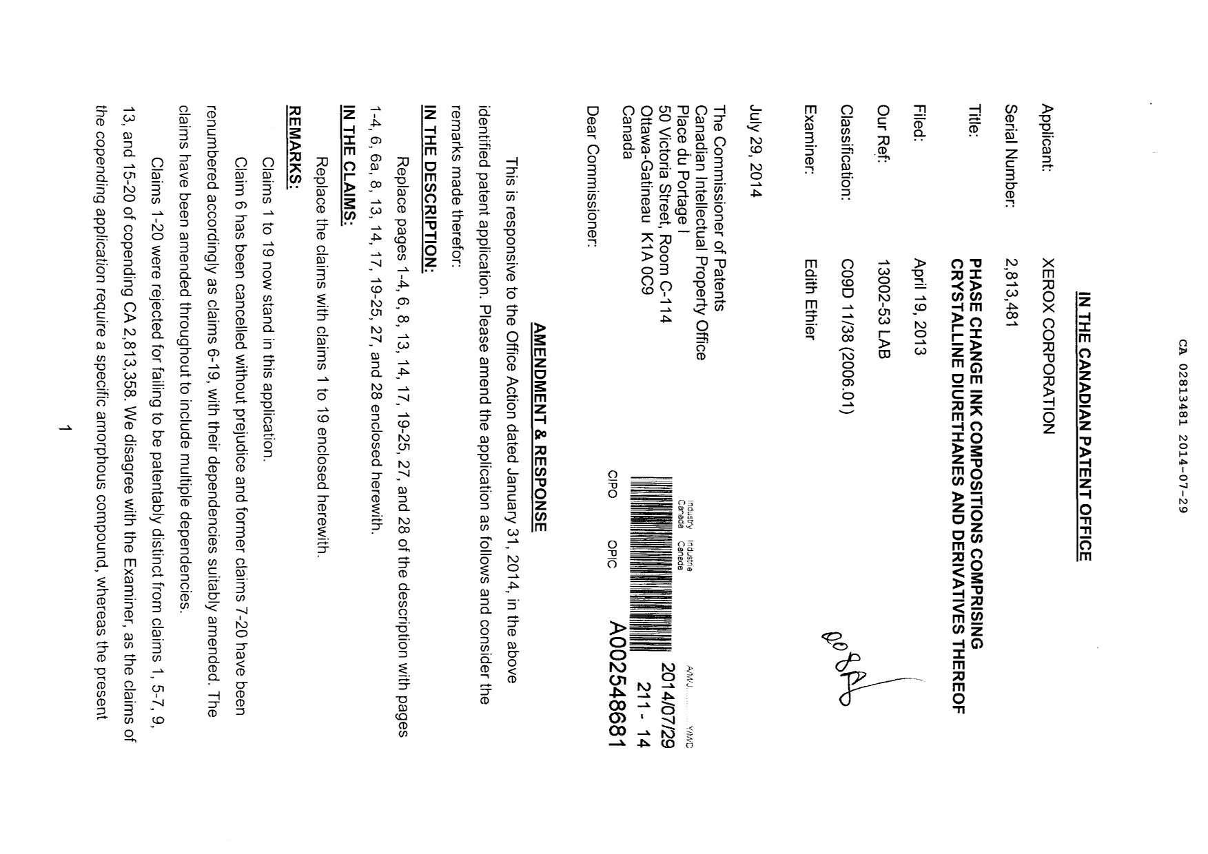 Document de brevet canadien 2813481. Poursuite-Amendment 20131229. Image 1 de 26