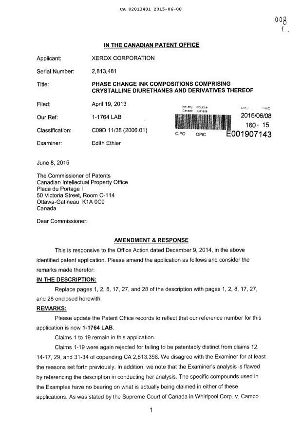 Document de brevet canadien 2813481. Modification 20150608. Image 1 de 8