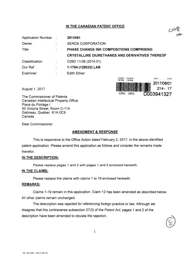 Document de brevet canadien 2813481. Modification 20170801. Image 1 de 8