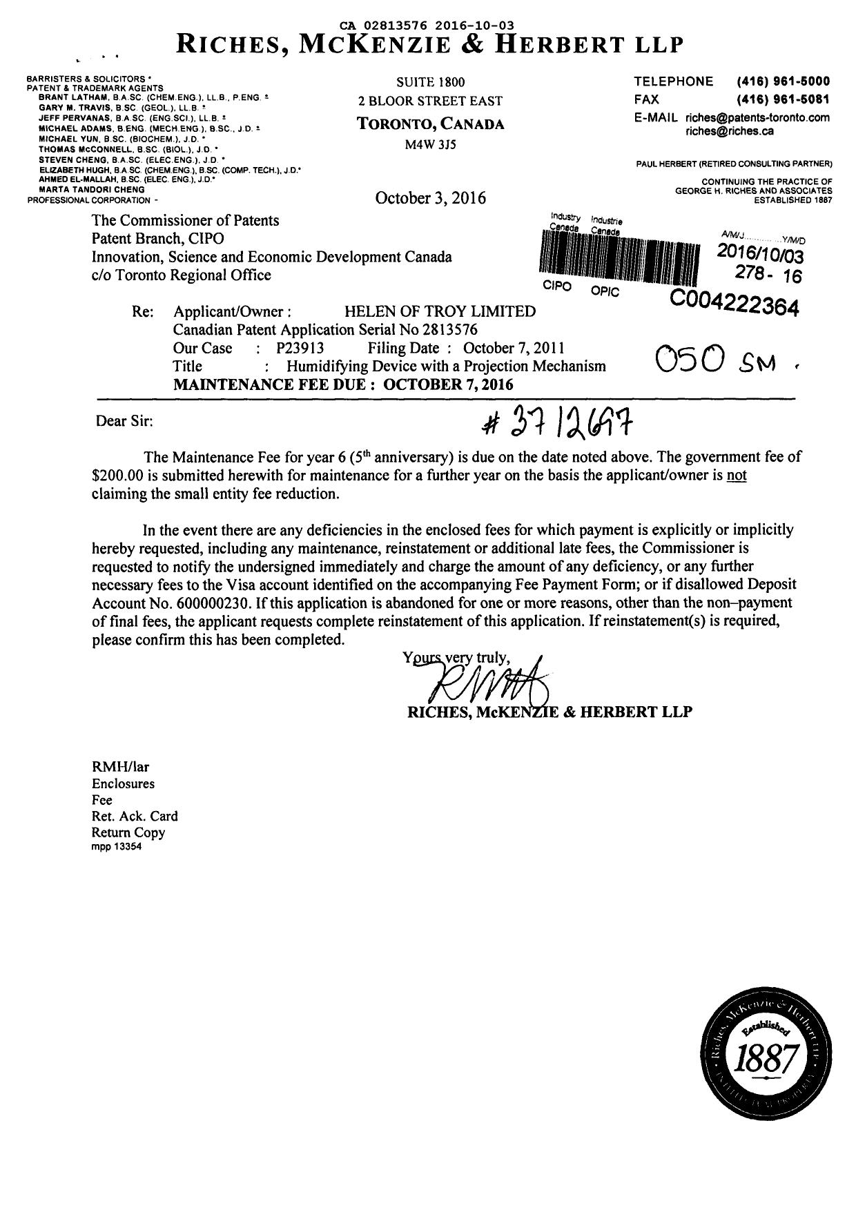 Canadian Patent Document 2813576. Fees 20151203. Image 1 of 1