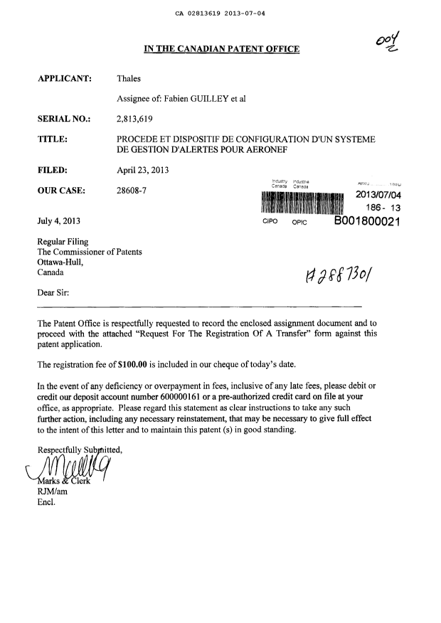 Document de brevet canadien 2813619. Cession 20130704. Image 1 de 6