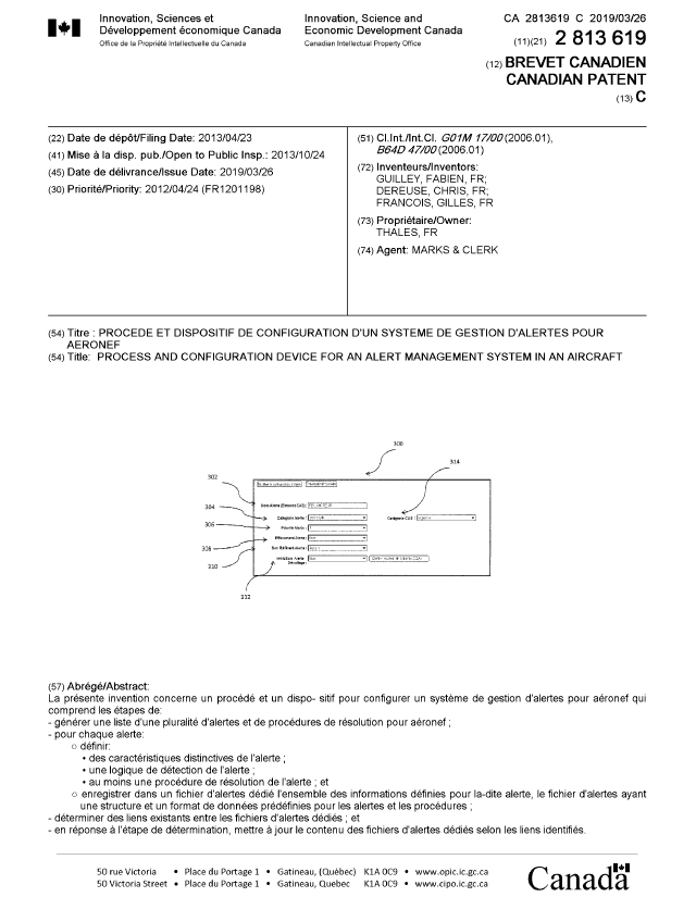 Document de brevet canadien 2813619. Page couverture 20190225. Image 1 de 1