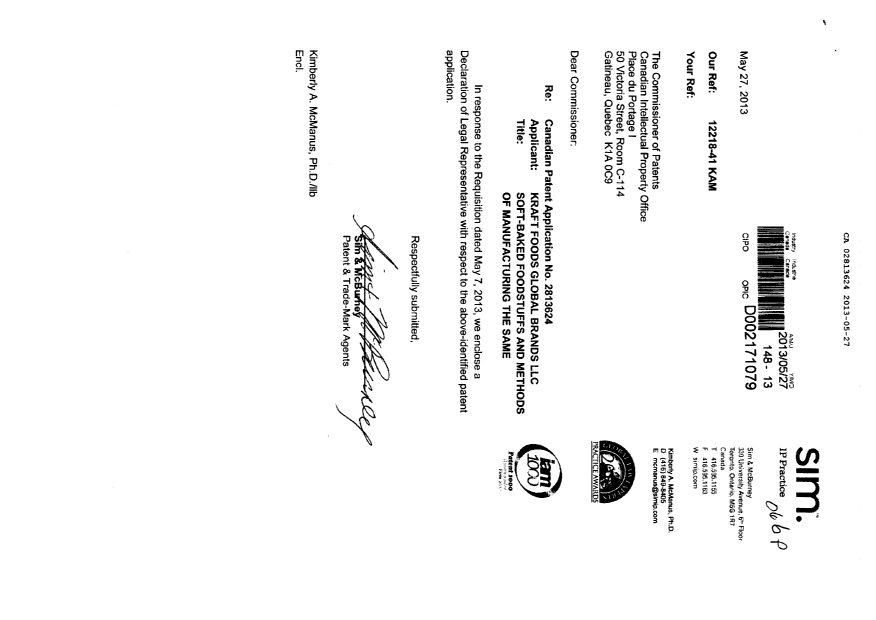 Document de brevet canadien 2813624. Correspondance 20121227. Image 1 de 2