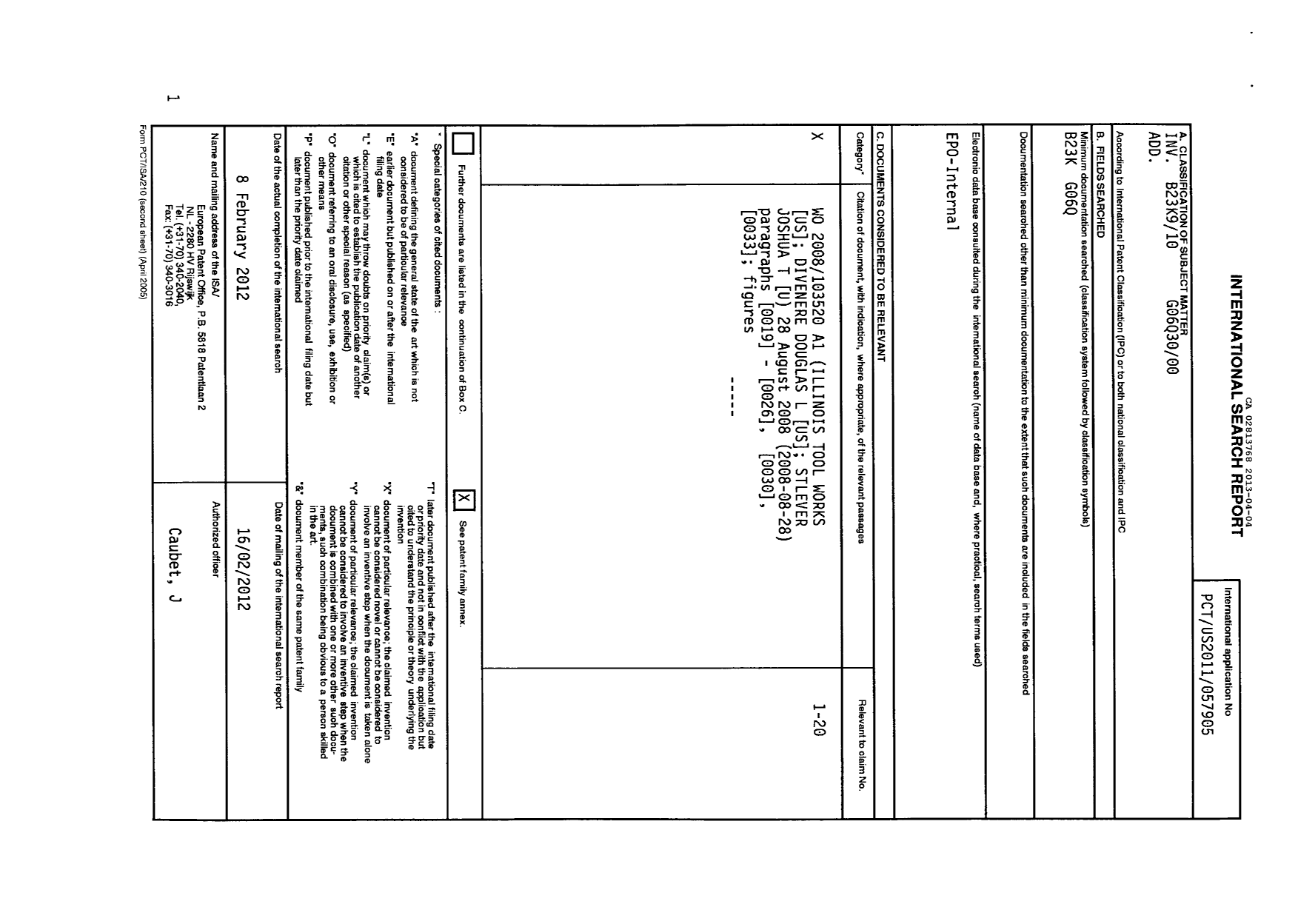Document de brevet canadien 2813768. PCT 20121204. Image 1 de 2