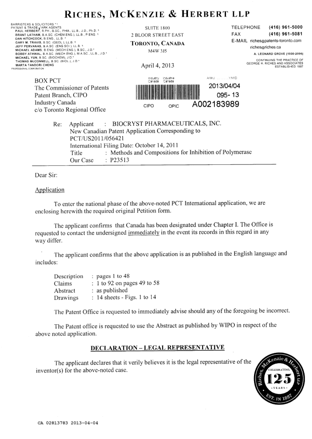 Document de brevet canadien 2813783. Cession 20130404. Image 1 de 4