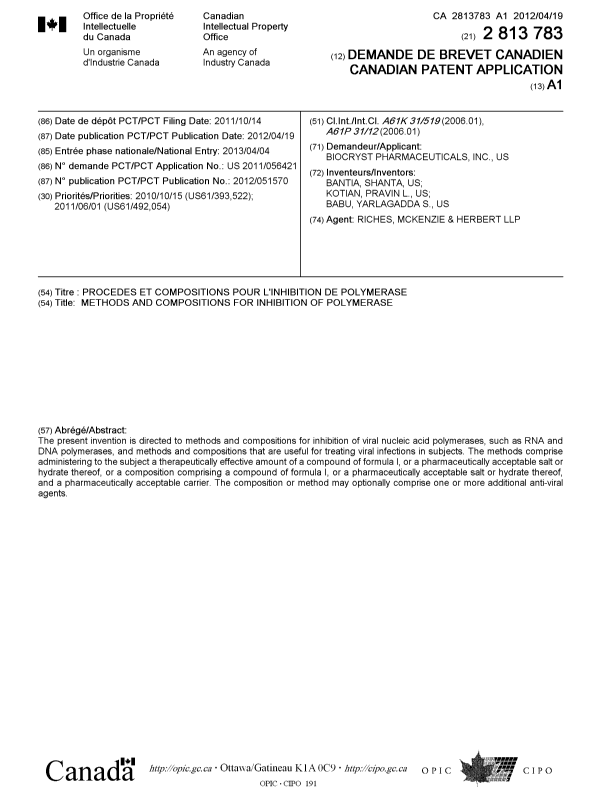 Document de brevet canadien 2813783. Page couverture 20130621. Image 1 de 1