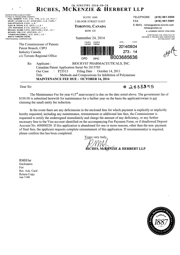 Document de brevet canadien 2813783. Taxes 20131224. Image 1 de 1