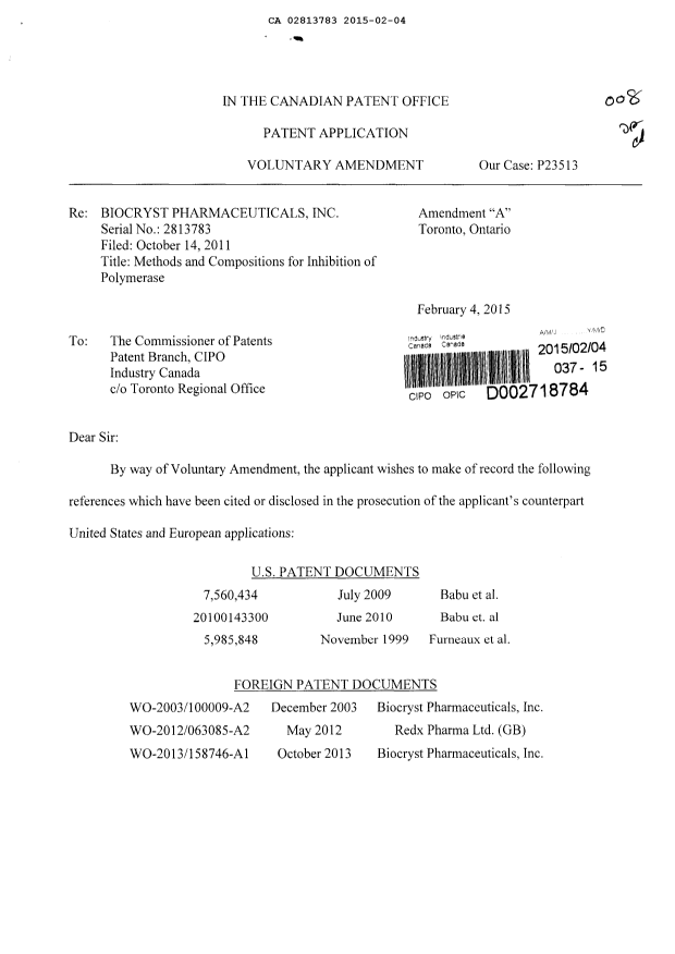 Canadian Patent Document 2813783. Prosecution-Amendment 20150204. Image 1 of 2