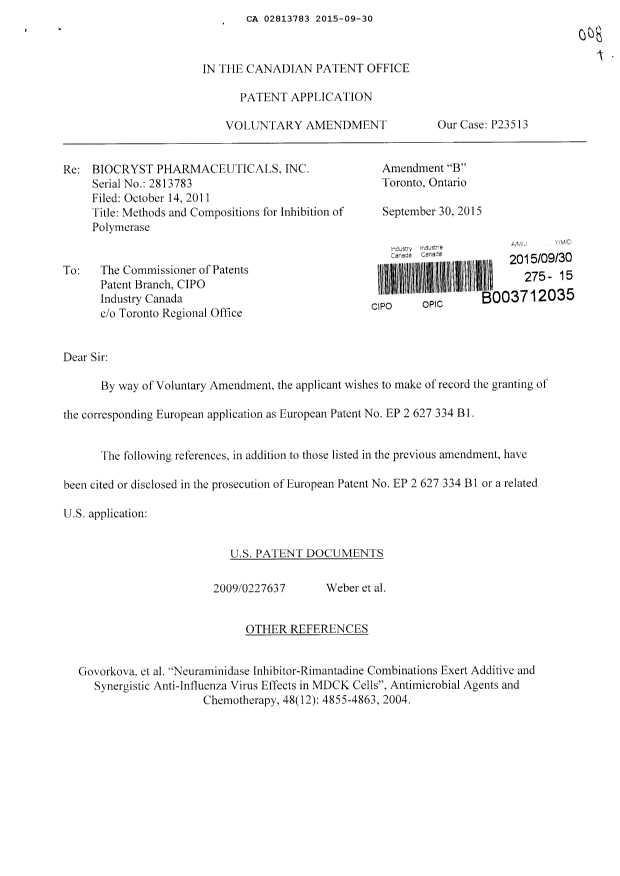 Document de brevet canadien 2813783. Modification 20150930. Image 1 de 2