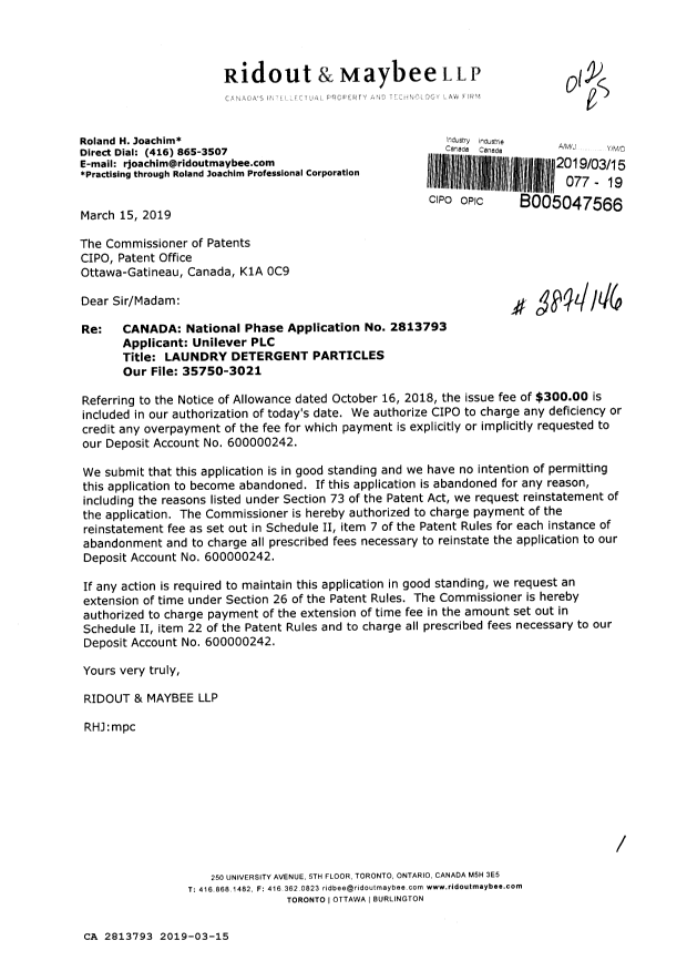 Canadian Patent Document 2813793. Final Fee 20190315. Image 1 of 1