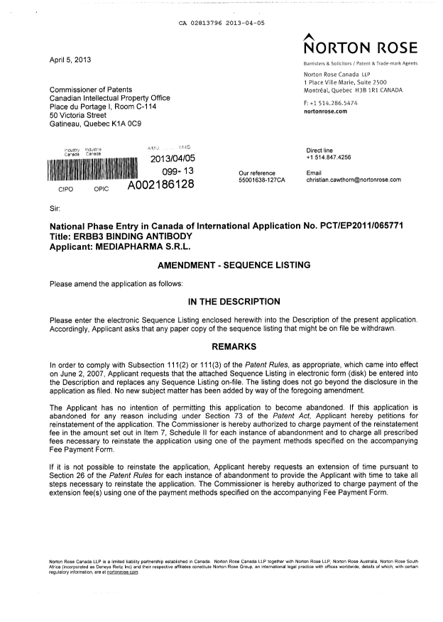 Document de brevet canadien 2813796. Poursuite-Amendment 20130405. Image 1 de 2