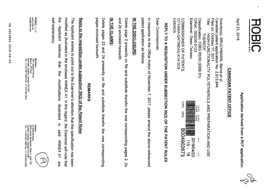 Document de brevet canadien 2813844. Modification 20180423. Image 1 de 19