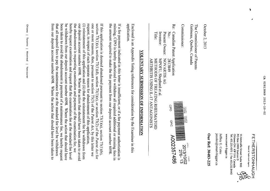 Canadian Patent Document 2813849. Prosecution-Amendment 20131002. Image 1 of 2