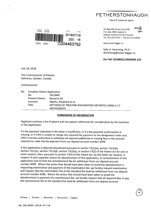 Canadian Patent Document 2813849. Amendment 20180718. Image 1 of 2