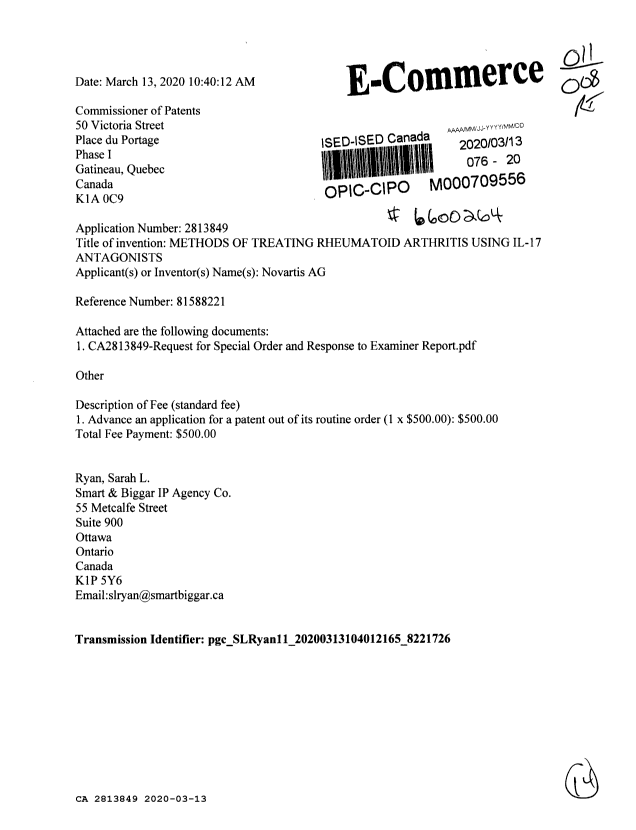 Document de brevet canadien 2813849. Ordonnance spéciale 20200313. Image 1 de 6
