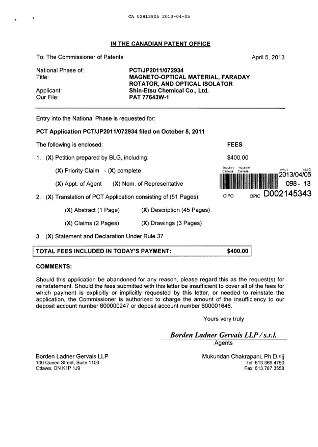 Document de brevet canadien 2813905. Cession 20130405. Image 1 de 4