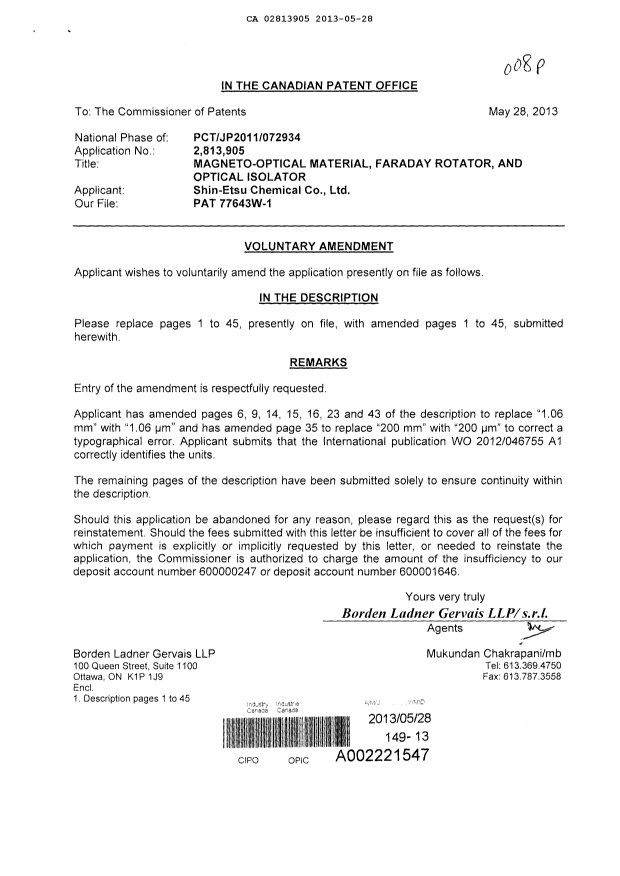 Document de brevet canadien 2813905. Poursuite-Amendment 20130528. Image 1 de 46