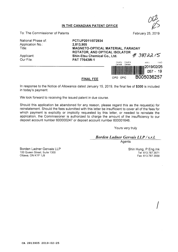 Document de brevet canadien 2813905. Taxe finale 20190225. Image 1 de 1