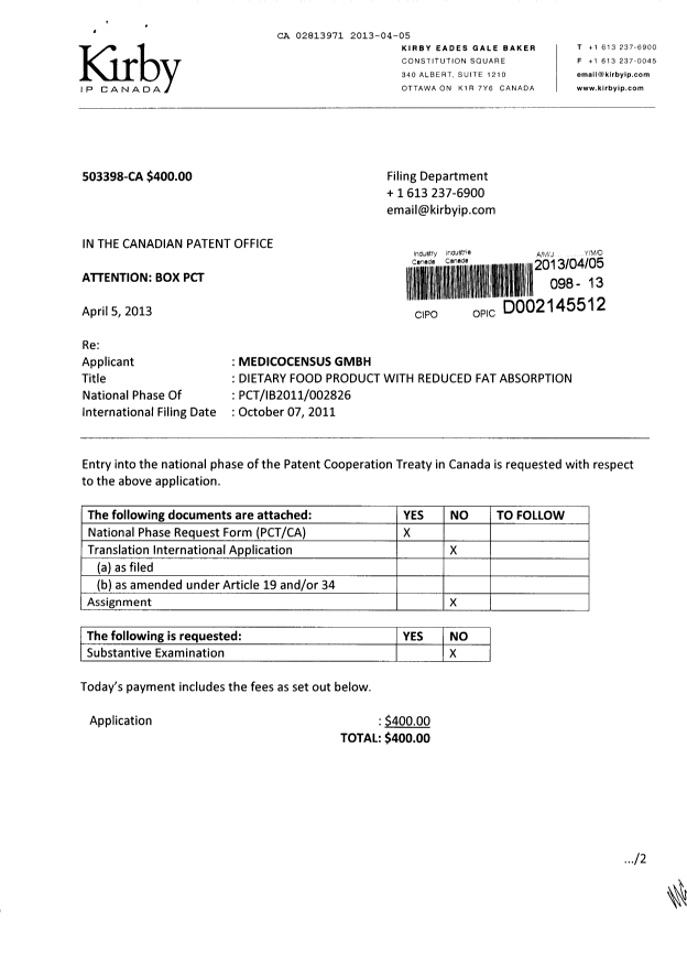 Document de brevet canadien 2813971. Cession 20130405. Image 1 de 4