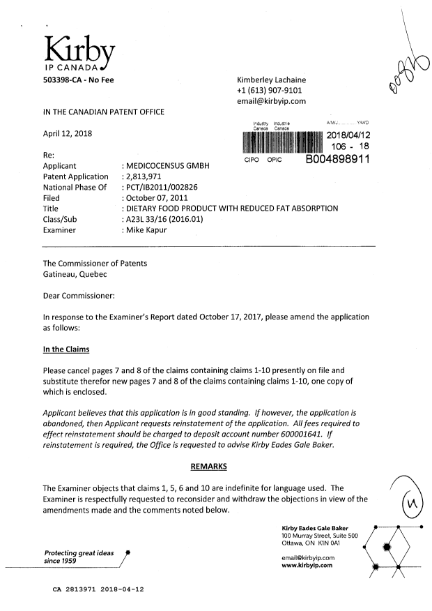 Document de brevet canadien 2813971. Modification 20180412. Image 1 de 4